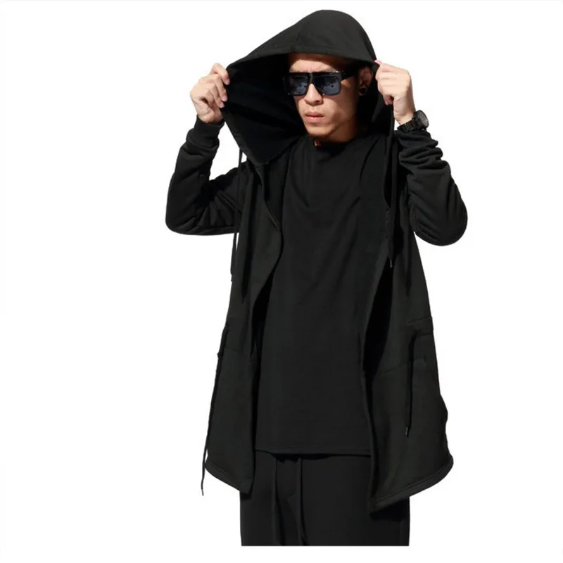 Мужской модный черный плащ в стиле панк-рок, хип-хоп, плащ с капюшоном, мужская длинная куртка для ночного клуба, диджея, певца, сцены, кардиган, готическое пальто, 5XL