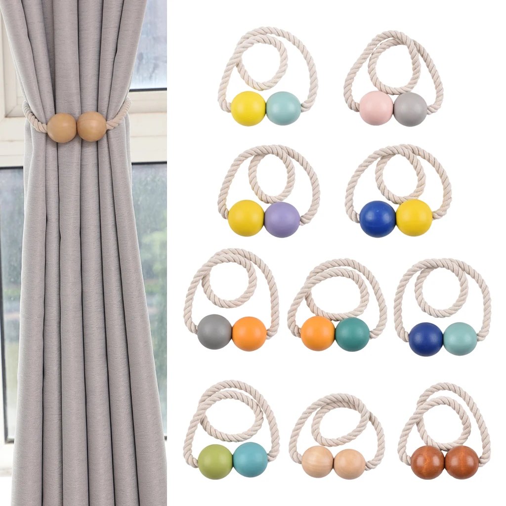 

2Pcs Wood Beads Magnetic Tie Back Window Curtain Drapery Clips Hold Backs - 10 Colors Available
