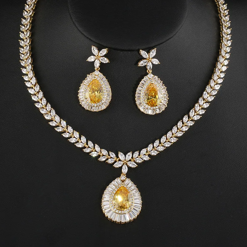 Fashion Jewelry Gold Color Zircon Water Drop Shape Necklace Earrings For Women Bridal Wedding Jewelry Sets Fashion Jewelry Gold Color Zircon Water Drop Shape Necklace Earrings For Women Bridal Wedding Jewelry Sets