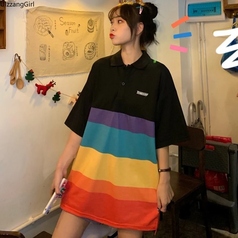 

Oversized Loose Contrast Block Rainbow Striped Button Turndown T Shirt Robe Women Harajuku Korean Long T-shirt Top Graphic Cute