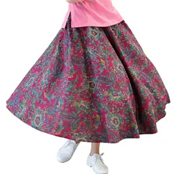 Ботильоны-Длина цветок плиссированные Для женщин юбка Лидер продаж с цветочным принтом карманы юбка богемный эластичный пояс Flare юбка
