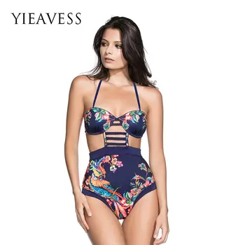 

YIEAVESS 2018 Summer New Women Sexy Swimwear Halter Bandage One Piece Swimsuit Print Padded Bodysuit Free Shipping WS706