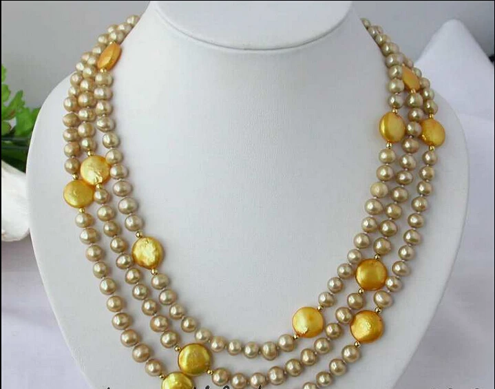 

fast 60" 14mm round coin gold champagne freshwater pearl necklace AAA