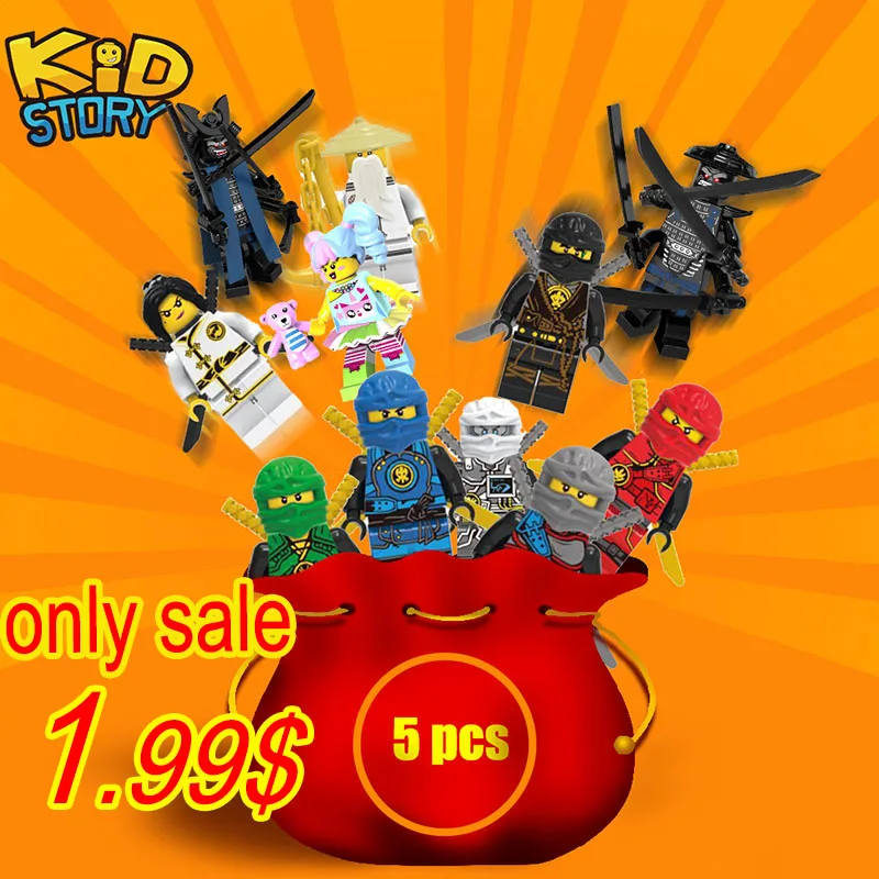 

Random 5 pcs Not repeating Ninja Building Blocks Legoings Ninjagoes Carmadon Kai Jay Zane Master Wu Cole toys figures gift