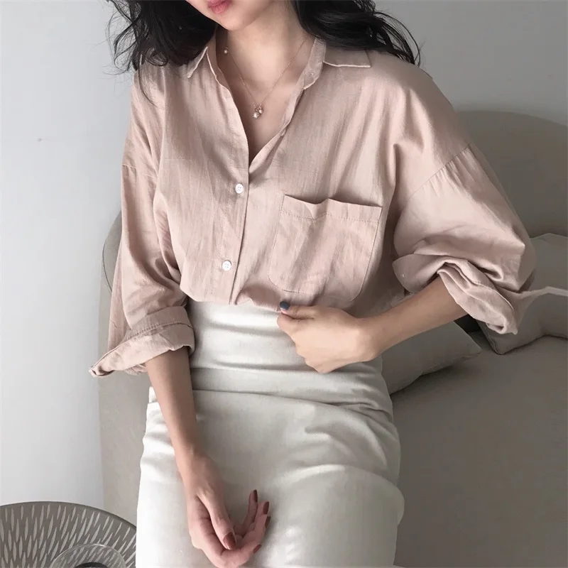 

Women Long Sleeve Shirt Solid Color Loose Korean Janpan Ulzzang Vintage Spring Summer Mujer Vestidos Ladies Tee Shirt Femme