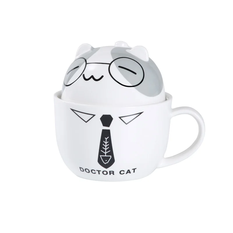 

350ml Creative Kawaii Cartoon Doctor Cat Coffee Mugs Ceramic cup with Lid Milk Tea Cups water bottle Best Lover Birthday Gifts