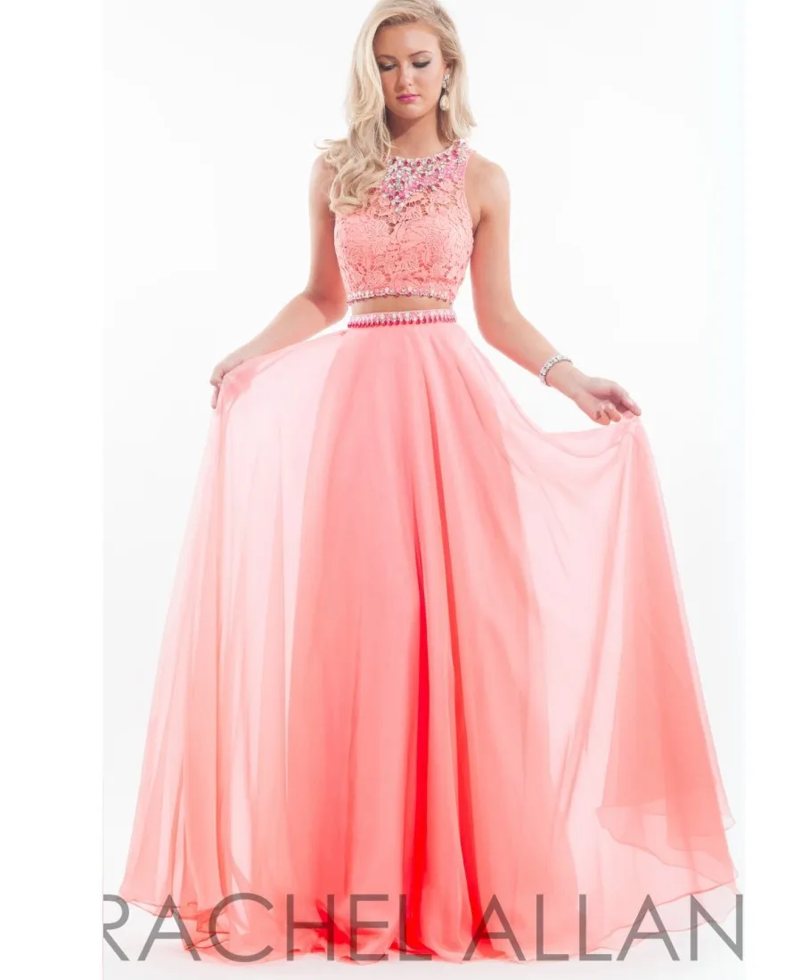 Crew Neck Backless Long Two Pieces Prom Dresses 2017 Elegant Charming