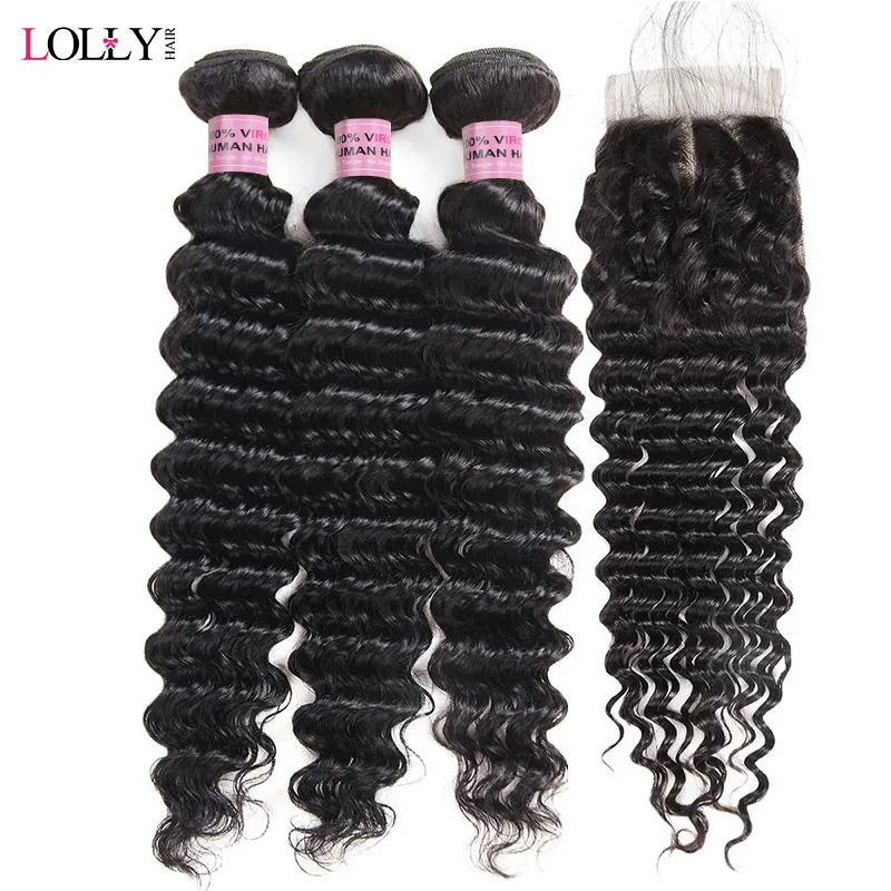

Lolly Deep Wave Bundles with Closure 100% Human Hair 3 Bundles with Closure Non Remy Brazilian Hair Weave Bundles with Closure