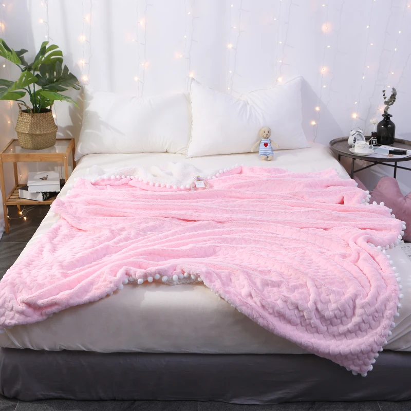 Pink Solid Color White Ball Lace High Quality Sheep Velvet Blankets Winter Warmth Knitted Wool