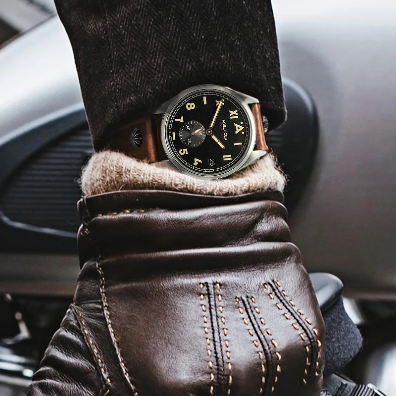 AGELCOER Дизайнерские мужские нарядные часы, автоматические механические часы с календарем, мужские часы с кожаным синим и черным циферблатом, простые наручные часы