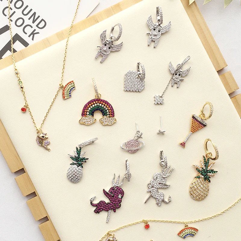 

Summer rainbow/watermelon/lemon/cactus/unicorn/pig/pineapple/ladybird with zircon full setting earrings for women