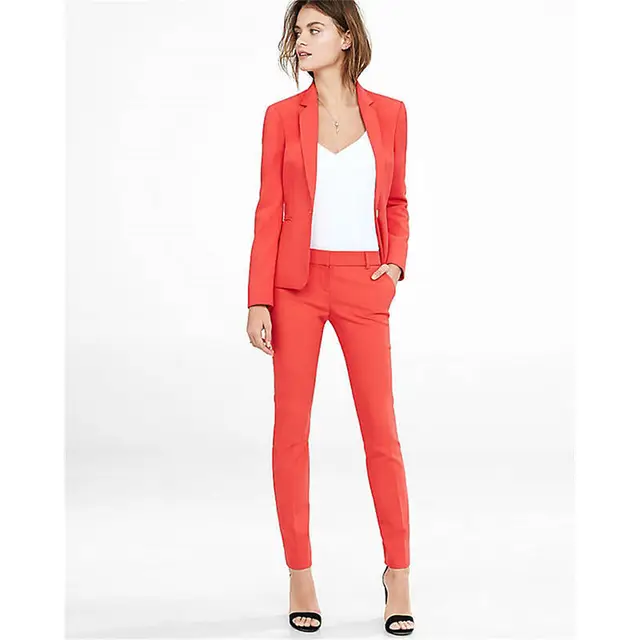 Slim Fit Women Orange Red Business Suits Two Piece Sets Jacket & Pants ...