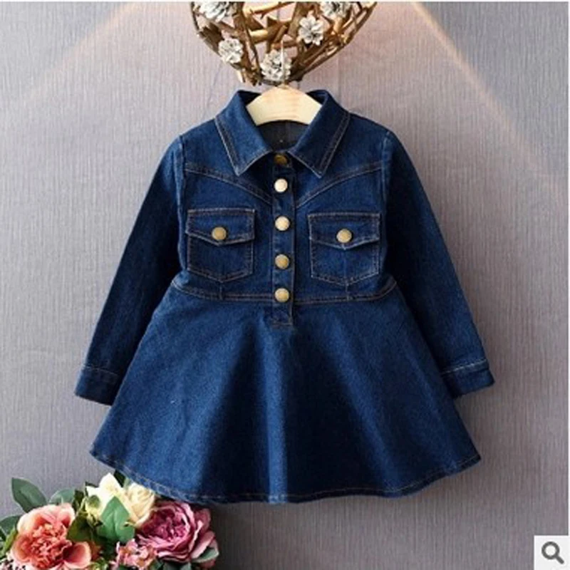 

Girls Dresses 2019 Autumn New Children's Clothing Girls Fashion Single-Breasted Long-Sleeved Lapel Denim Dress