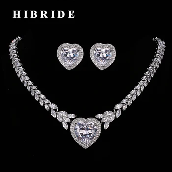 

HIBRIDE Romantic Heart Women Bridal Jewelry Sets AAA Cubic Zircon White Gold Color Necklace Earrings For Female N-190