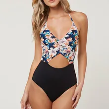 Слитный купальник с цветочным принтом лотоса, пуш-ап, v-образный вырез, на шнуровке, монокини, бикини с вырезами для девочек, пляжный купальный костюм, одежда для купания