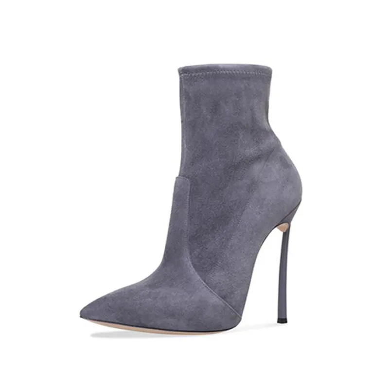 

2019 Women Ankle Boots 10.5CM Thin Metal High Heels Cow Suede Pointed Toe Shoes Fashion Women Booties Black ,Khaki,Grey Burgundy