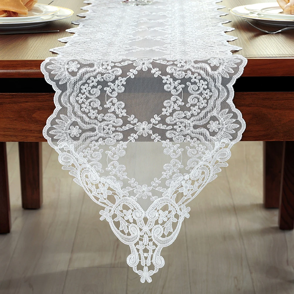 Embroidered Lace Table Runner TV Bench Stand End Table Cover Decoration 30cm x 70 90 120 150 180 210 250 280cm White Gold Black