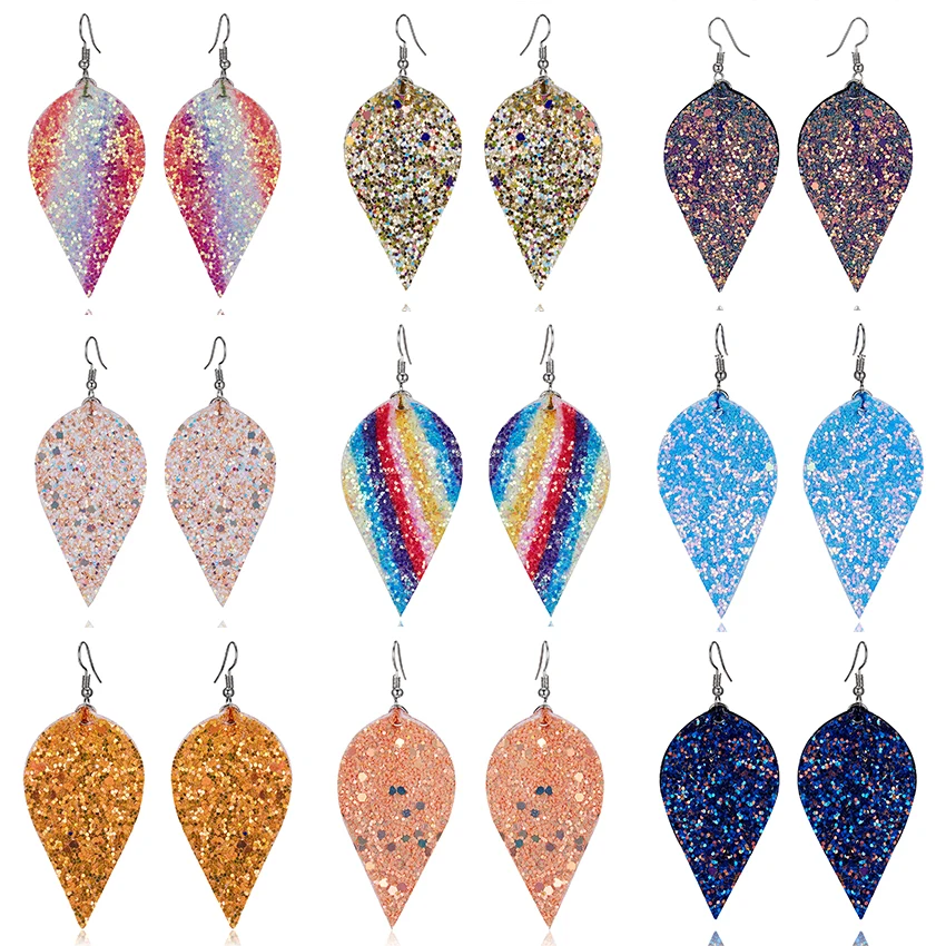 

Bohemia Multicolor Leaf Leather Drop Earrings Sequins PU Leather Long Dangle Earrings Brincos Women Fashion Jewelry Accessories