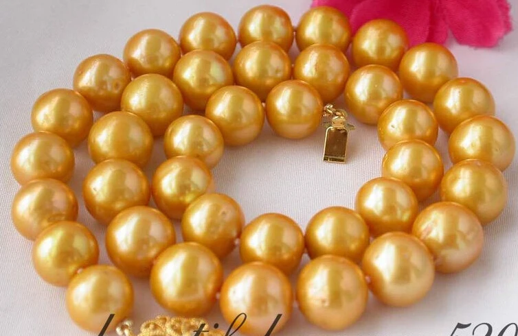 

Free Shipping ***Hot sale >>AAA+++ 17" 12mm gold round freshwater pearl necklace