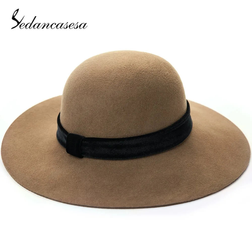 

Sedancasesa New Fashion England Winter Caps For Women Fedora Hat Woman Wide Brim Sun Caps 100% Wool Felt Fedoras Ladies Hats