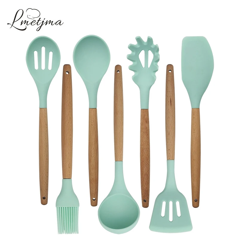 LMETJMA 7 Pieces Kitchen Cooking Tools Set Included Spoon Spatula Spoon Spatula Scraper Turner BBQ Brush BPA FREE KC0210