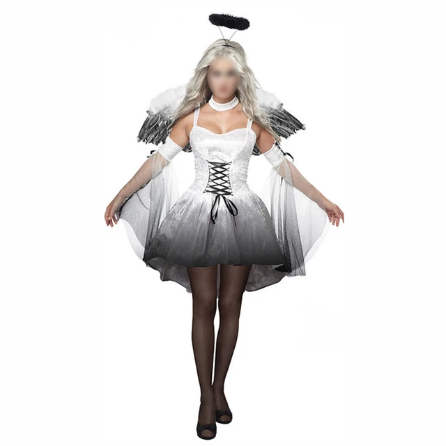 Horror Women Halloween Angel Costume with Wings Headband Fancy Dress
