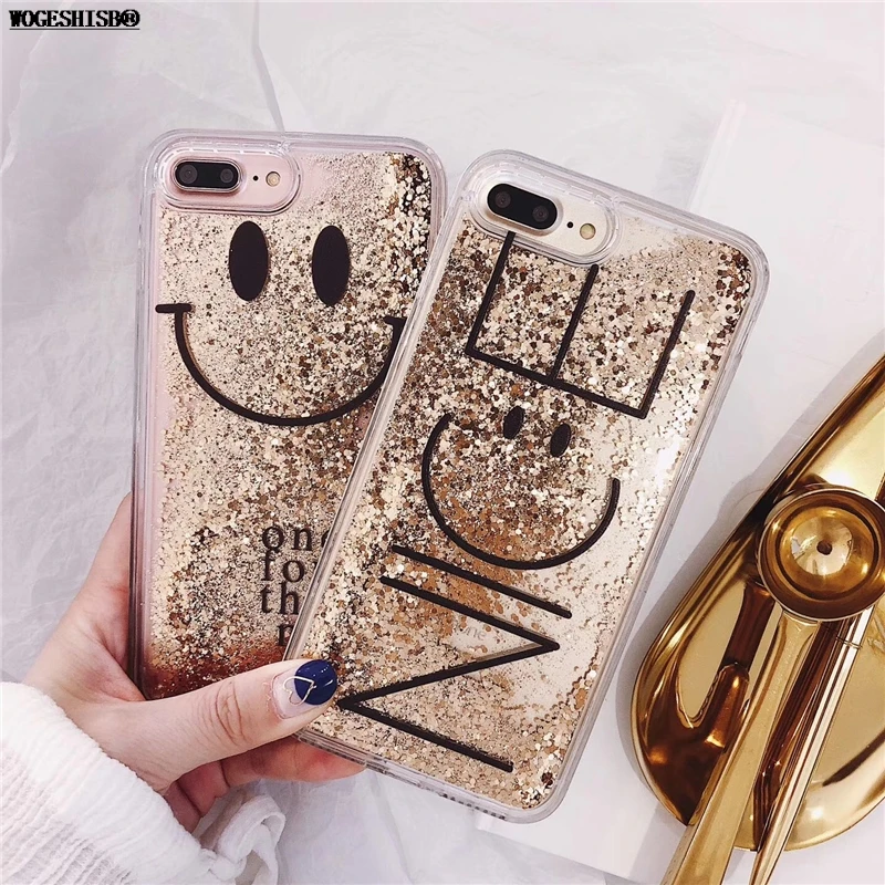 

Luxury Dynamic Liquid Quicksand Case for iPhone SE 5 5S 6 6S 7 8 Plus Gold Nice Smile Face For iPhone X Cover Coque Cases