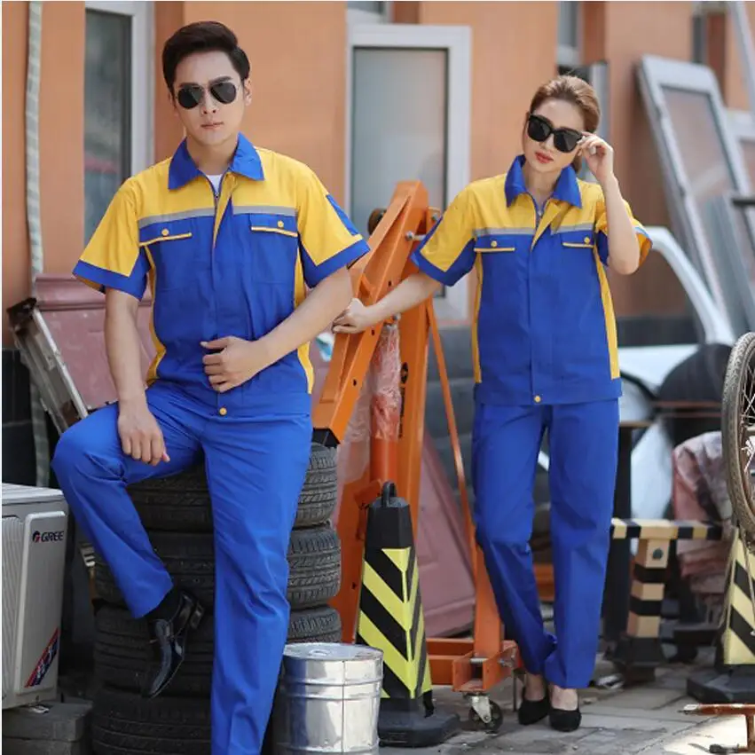 Reflective Uniform Men's Work Clothing Women Short Sleeve Coveralls Quick Dry Overalls for Worker Repairman Machine Auto Repair - Цвет: pic color