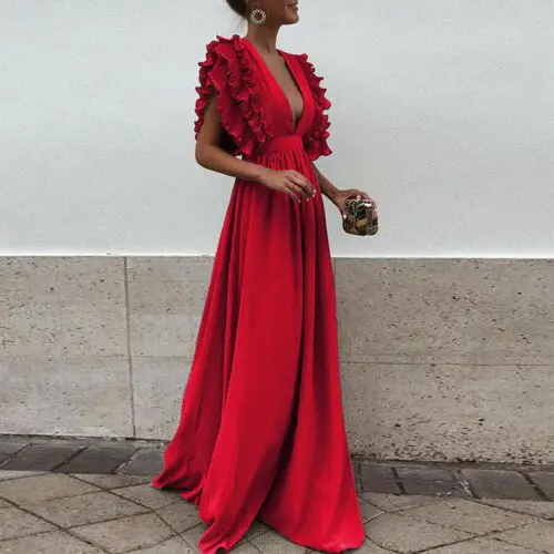 

Sexy Women Deep V Neck Ruffles Boho Maxi Club Red Dress Bandage Long Dress Party Bridesmaids Infinity Robe Longue Femme