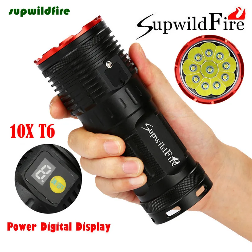 

Supwildfire 30000LM 10 x XM-L T6 LED Rechargable Power Digital Display Hunting Flashlight Hard Light Free Shipping #NO20