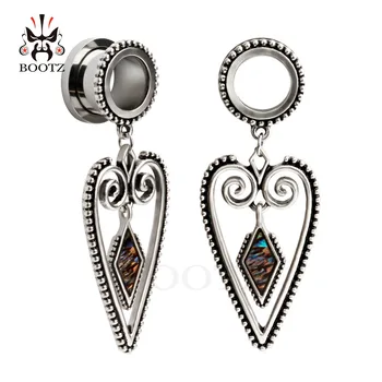 

2018 new arrival retro heart ear plugs stainless steel tunnel sea shell dangle ear gauges wholesale expander lot jewelry