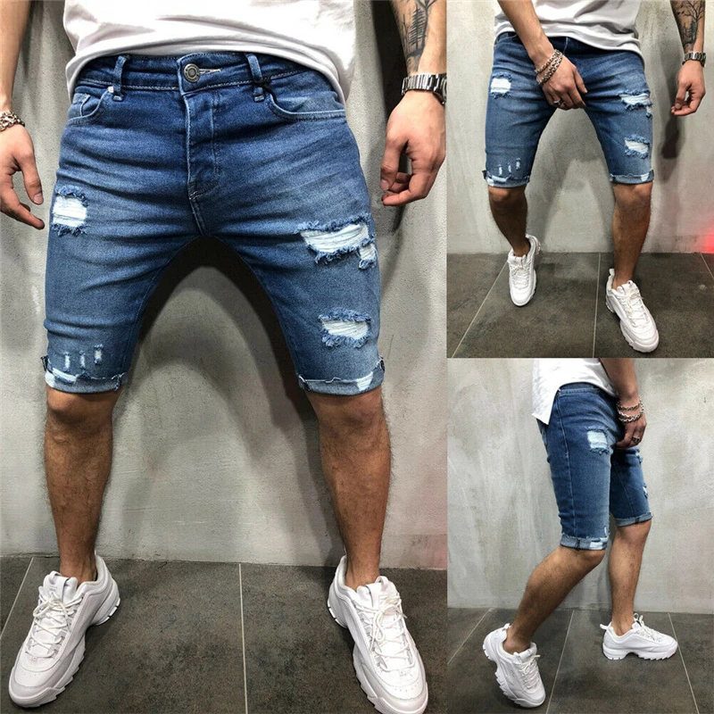

New Men Stretchy Ripped Skinny Knee Length Jeans Destroyed Scratched Short Jeans Men Male Slim Fit Straight Jean Denim Plus Size