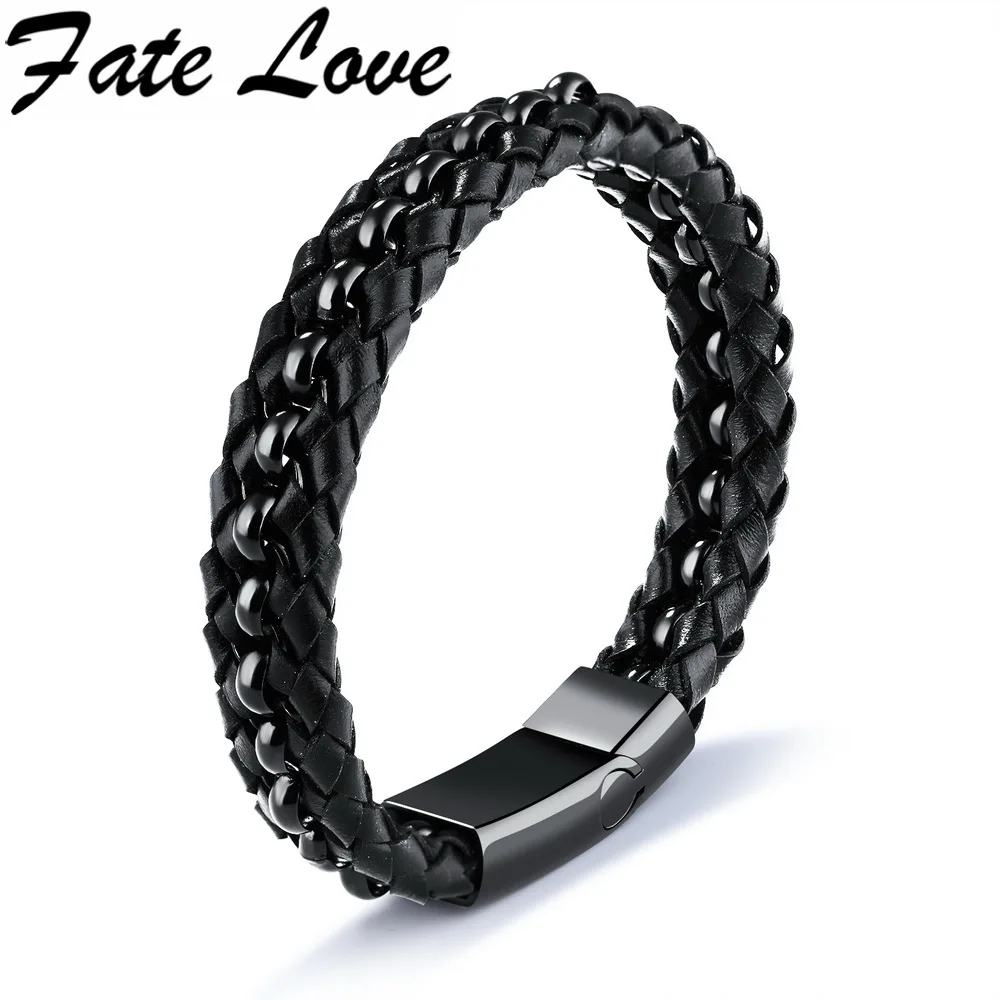 Fate Love Man Personalized Weave Bangle Handmake Black Leather With Chain Bracelet Male Unique Jewelry Gift Drop Shipping FL1142