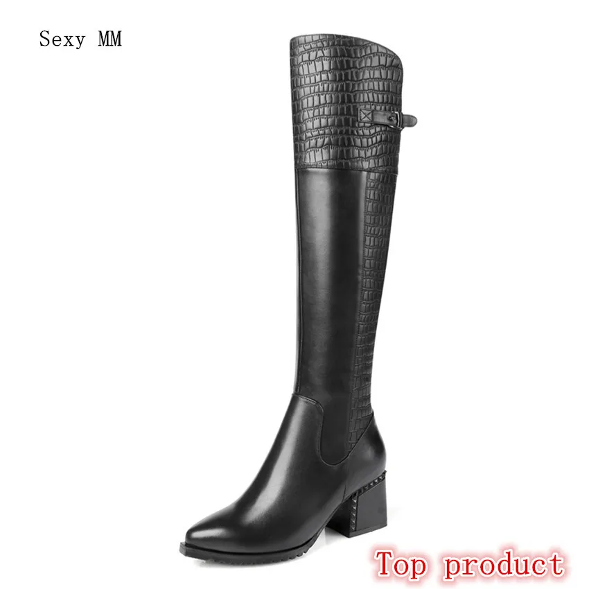 Genuine Leather High Heel Women Knee High Boots Square High Heels Spring Autumn Woman Thigh High Boots Plus Size 34-40 41 42