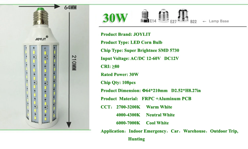 10pcs DC 12V AC/DC 12-60V 6000k 7w 10w 15w 20W 30W 40W 60W E27 36V smd 5730 light led corn bulbs warm/cool white