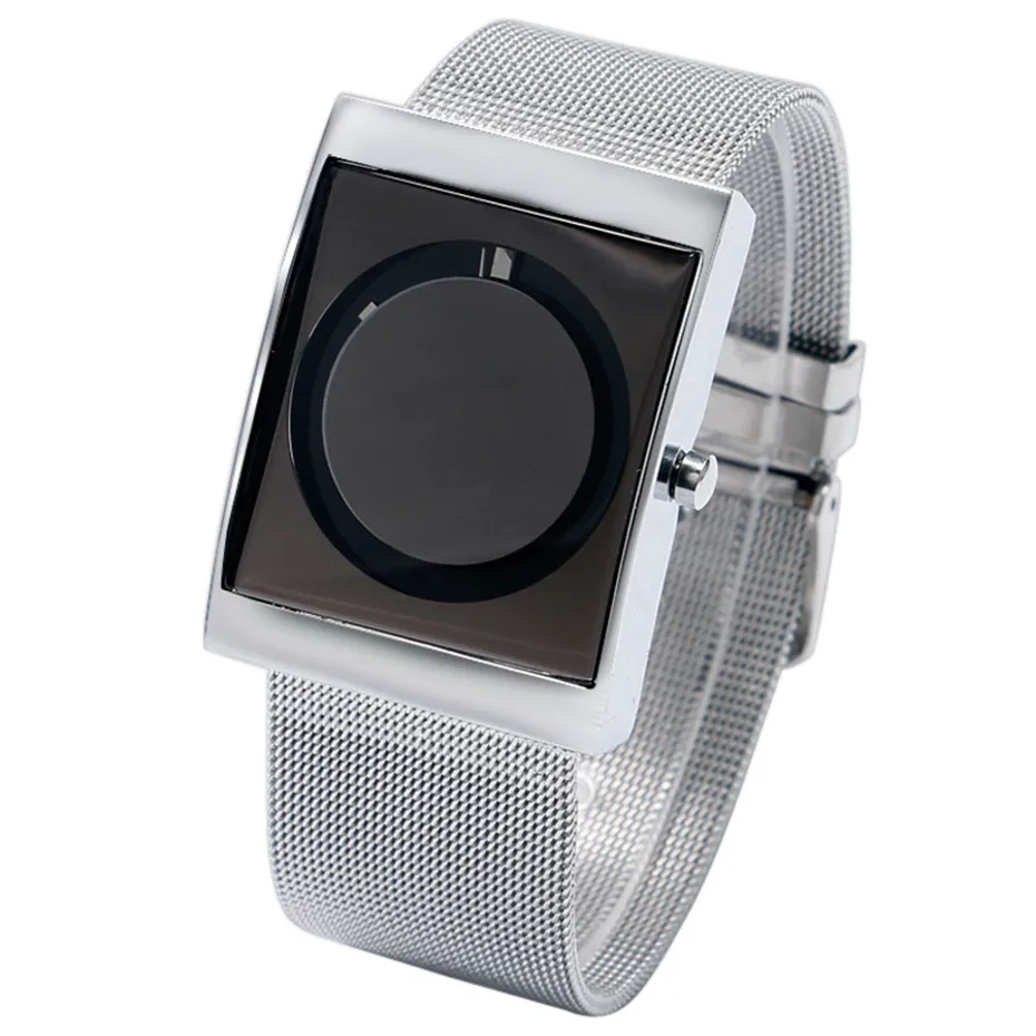 YISUYA Creative Simple Wrist Watch Men Quartz Watch Male Boy Turntable Rectangle Dial Sport Watches Silver Stainless Steel Mesh Band Hour Clock (1)