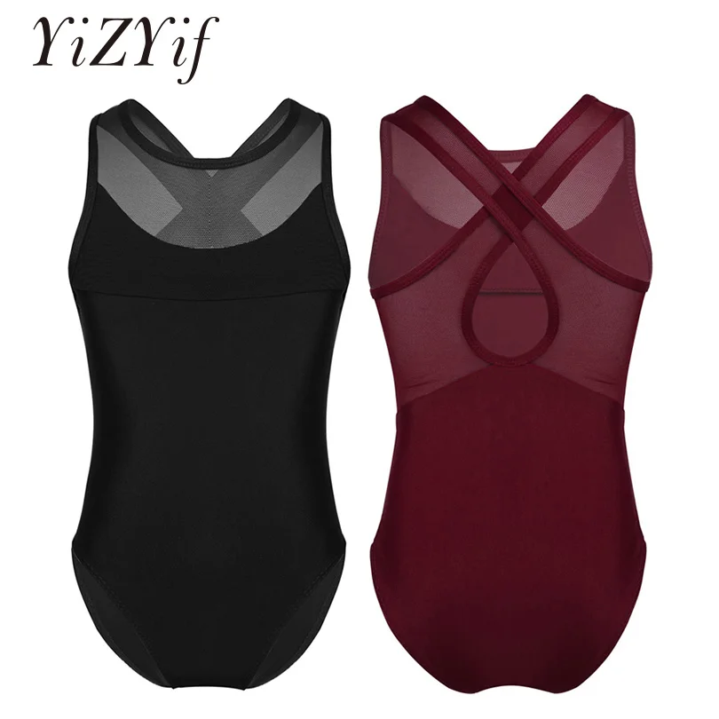 

YiZYiF Girls Leotards Ballet Dance Sleeveless Mesh Splice Criss-cross Cutout Back Ballet Clothes Gymnastics Leotard Jumpsuit