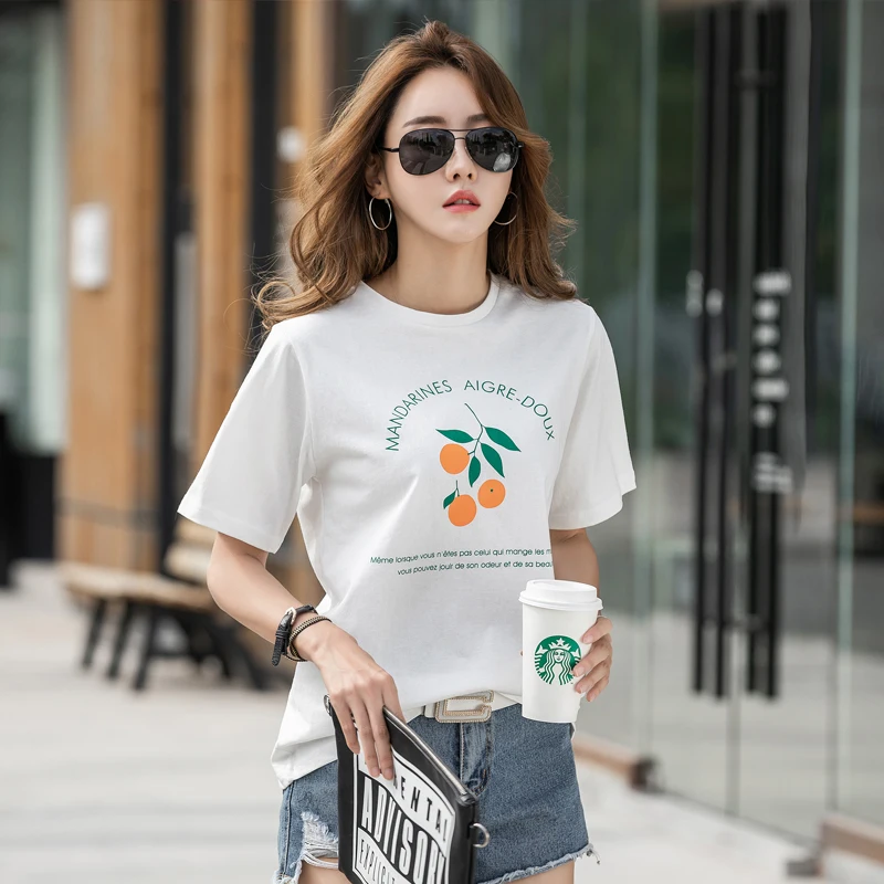 

Women Shirts Summer Office Lady Cotton Tshirts Plus Size Tops Korean Woman Cherry Pattern Top Tees Casual Women Tshirt Short Top
