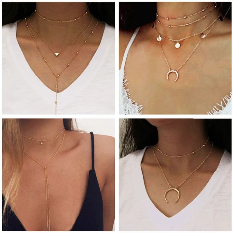 

H6 Bohemia Style Gold Color Multilayer Necklace Heart Moon Pendant Necklace For Women Long Tassel Necklace High Quality Gifts