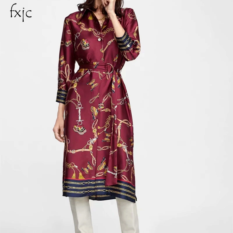 

Women New Three-quarter Sleeve Belt Decoration Chain Butterfly Print Temperament Shirt Dress 2018 Women's Dress