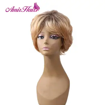 

Amir Short Curly Synthetic Wigs with bangs Ombre Black roots Blonde Wigs for American African women Heat Resistant Fiber Cosplay