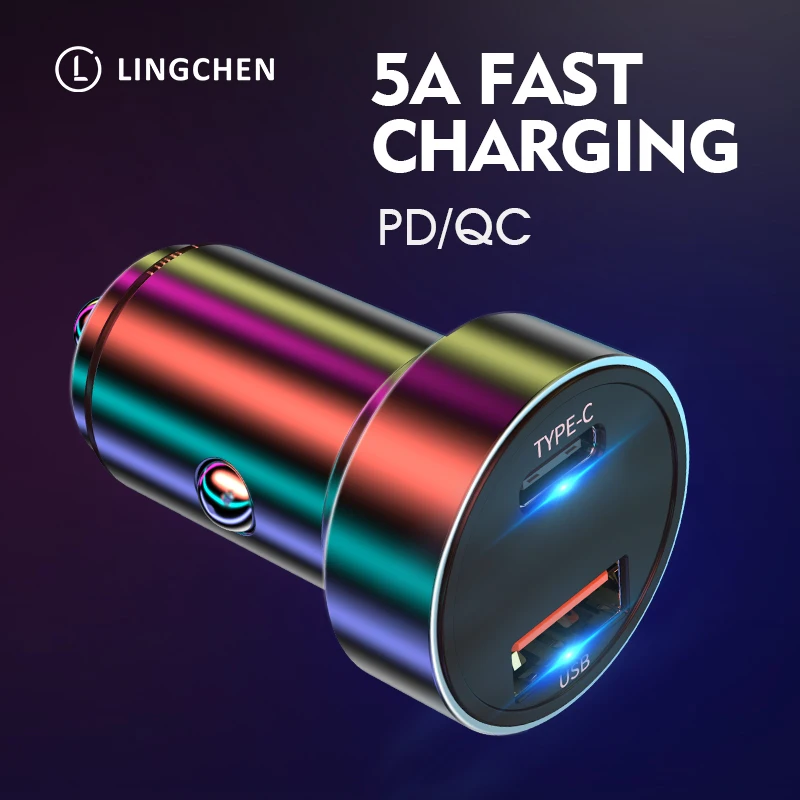 

LINGCHEN Car Charger 36W Quick Charge 4.0 3.0 Metal Dual USB For iPhone Xiaomi HUAWEI Samsung USB Type C 5A PD Fast Car Charger