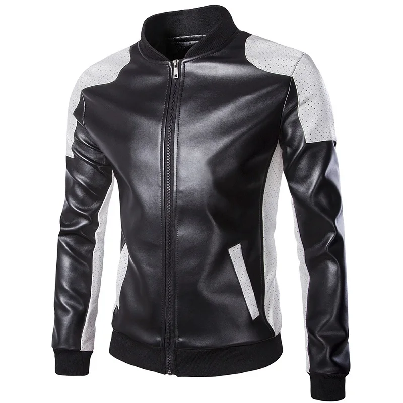 Новая мода мужские кожаные куртки черный, белый цвет пальто пэчворк тонкий для мужчин мото куртки мода повседневное кожаные пальто Jaqueta