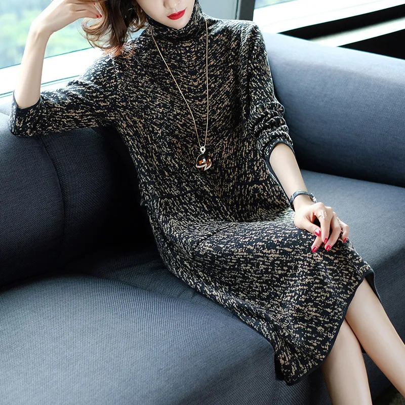 

Women 2018 New Autumn Winter Loose Casual Turtleneck Pullover Knitted Sweater Dress Female Elegant Thick Warm Sweater Dress V94