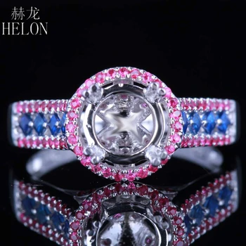 

HELON Solid 14k White Gold Round 6-7mm 100% Genuine Sapphires & Rubies Semi Mount Engagement Wedding Ring Women Trendy Jewelry