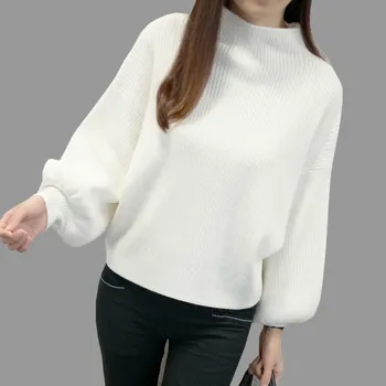 

2019 Autumn Women Lantern Sleeve Korean style Knitted Sweaters Pullovers Half Turtleneck Jumper Tops One Size