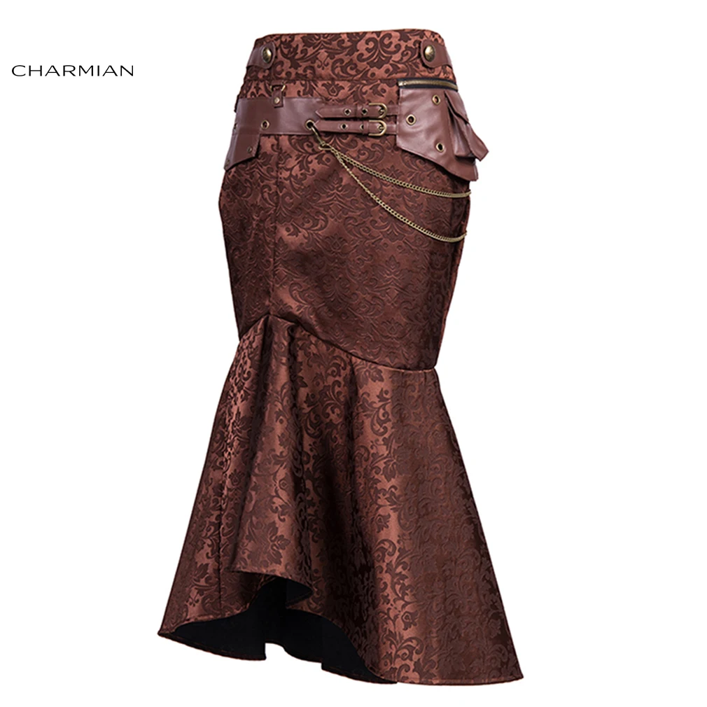 

Charmian Vintage Victorian Goth Steampunk Skirts for Women Brown Pouch Chain Sexy Slim Evening Party Long Fishtail Skirt