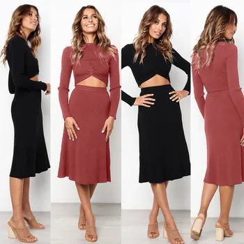 

KLV 2019 TOP Women Casual Bow Knot Long Sleeve Pullover Tops Blouse Dress 2PCS Set 1.25