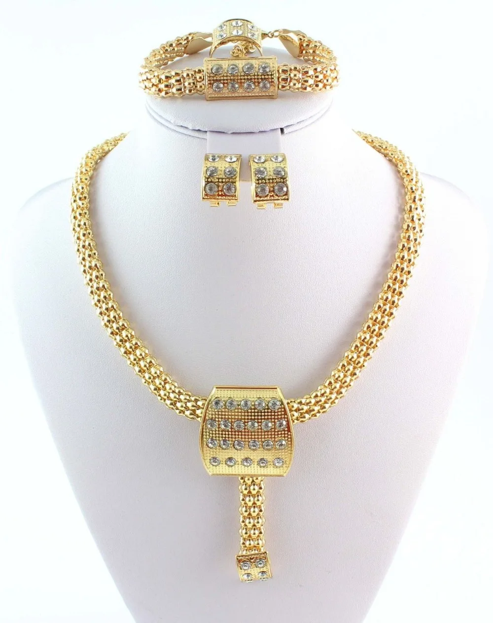 Wholesale 12 Sets Free Shipping Hot Sale Fashion Jewelry Clear Crystal Gold Color Jewelry Set ...