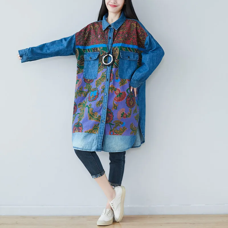 

[EWQ] 2019 sping autumn new pattern lapel long sleeve denim patchwork single breasted casual loose shirt dress women AG34305